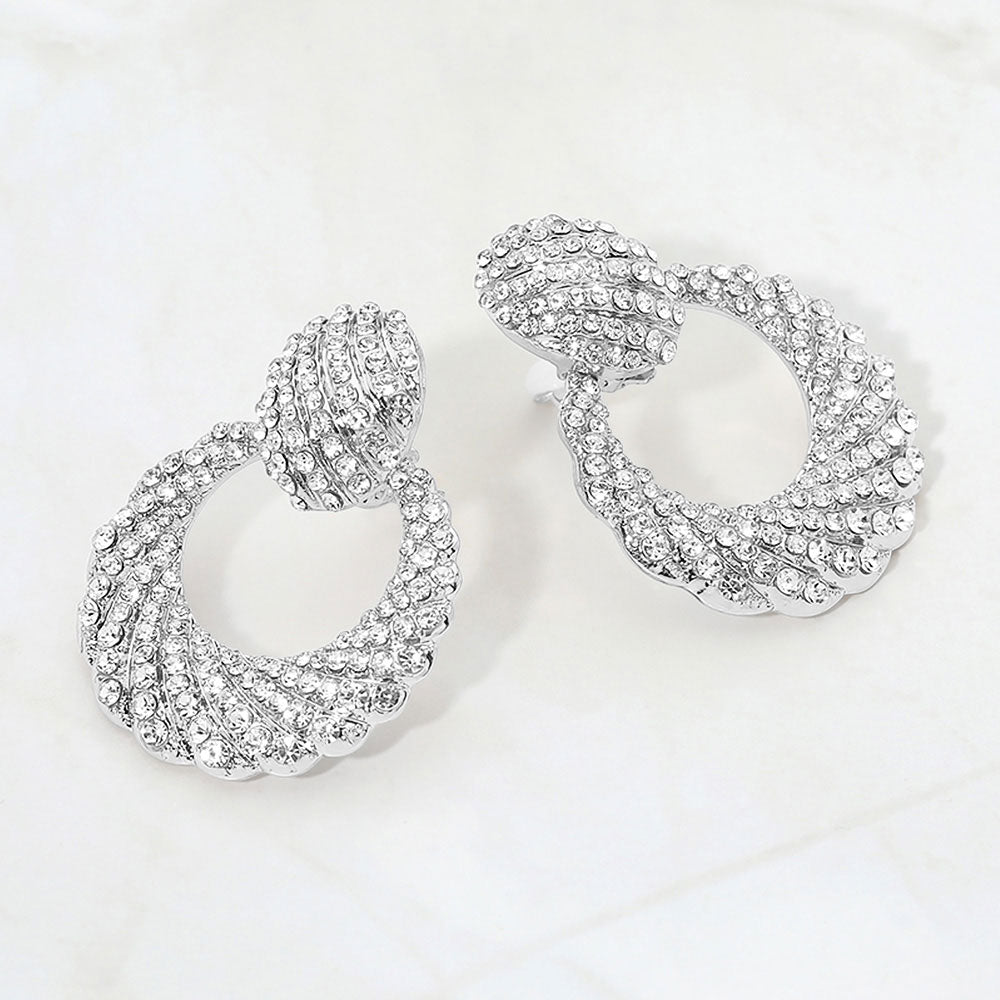 Rhinestone Pave Open Ring Door Knocker Clip On Earrings