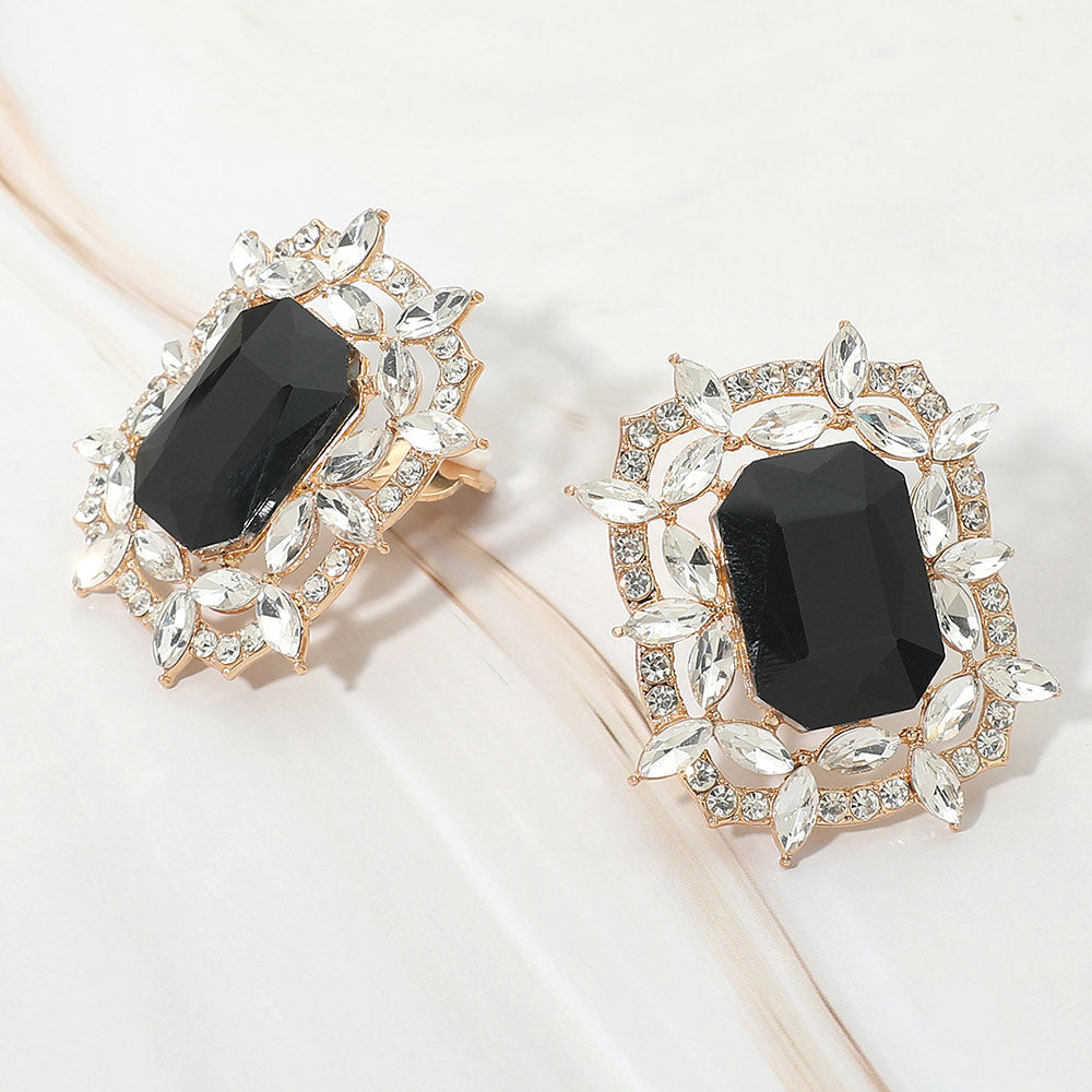 Bold Rectangular Gem Center Statement Evening Clip On Earrings
