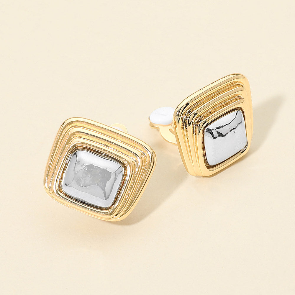 Two Tone Metal Square Clip On Earrings