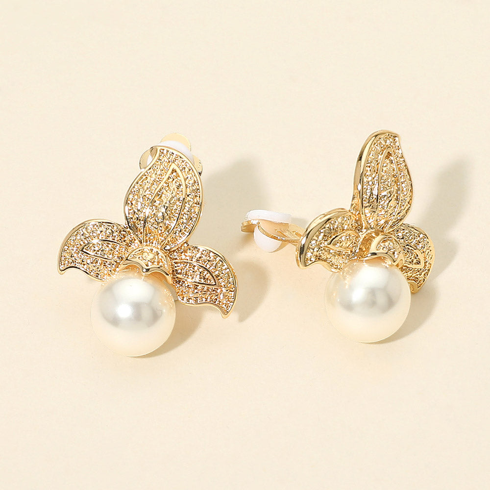 Textured Metal Floral Pearl Drop Clip On Earrings