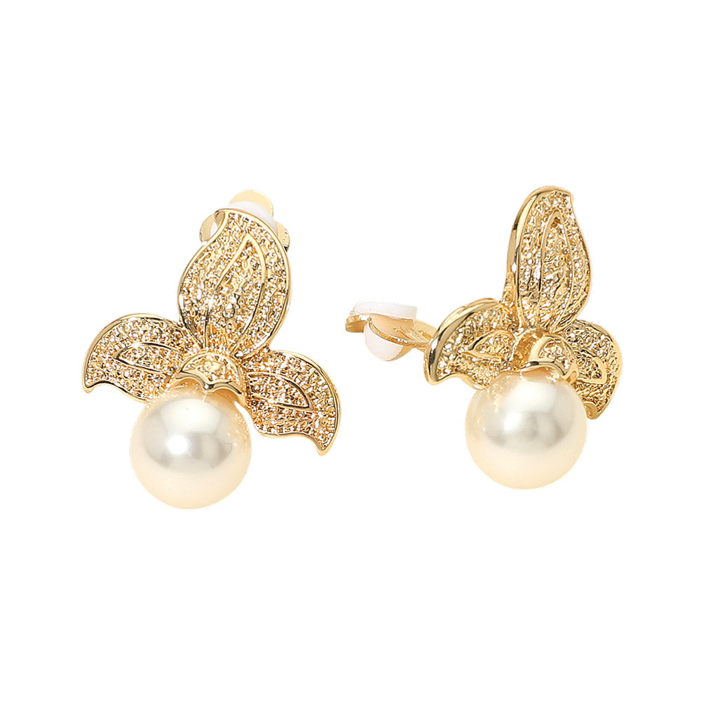 Textured Metal Floral Pearl Drop Clip On Earrings
