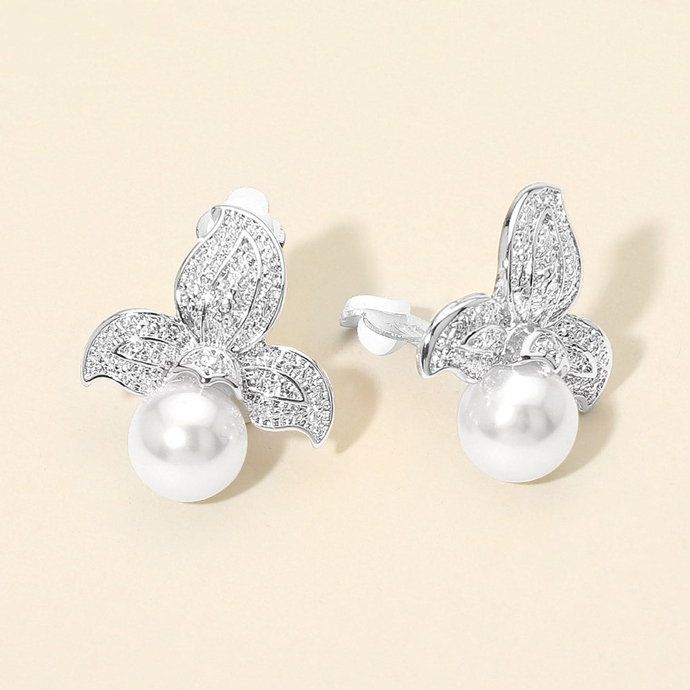 Textured Metal Floral Pearl Drop Clip On Earrings