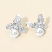 Textured Metal Floral Pearl Drop Clip On Earrings
