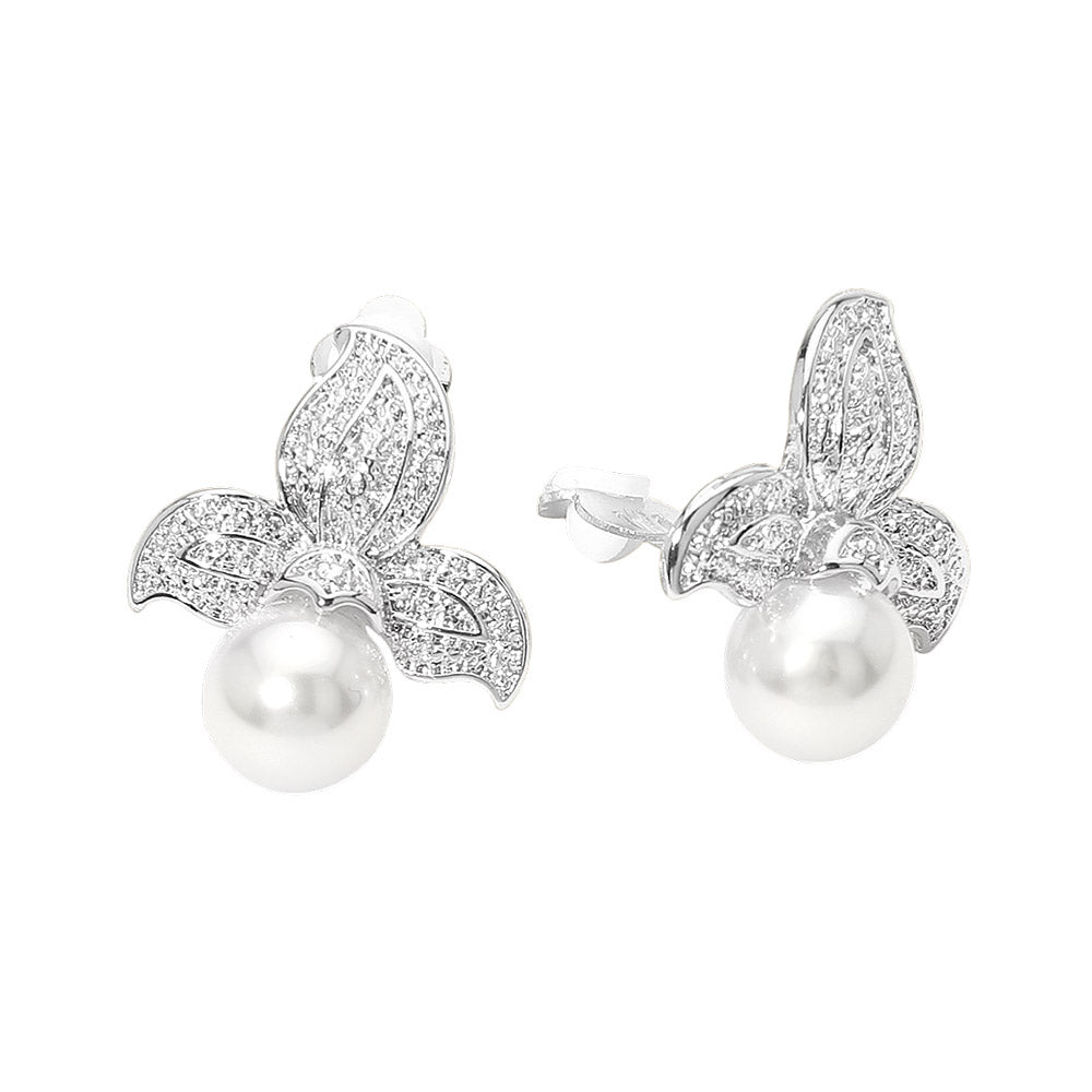 Textured Metal Floral Pearl Drop Clip On Earrings