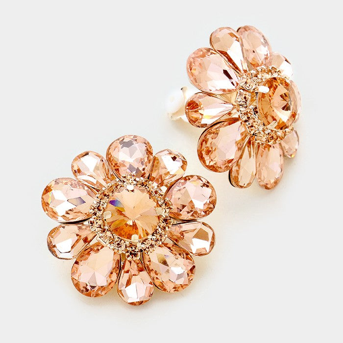 Glass crystal flower clip on earrings