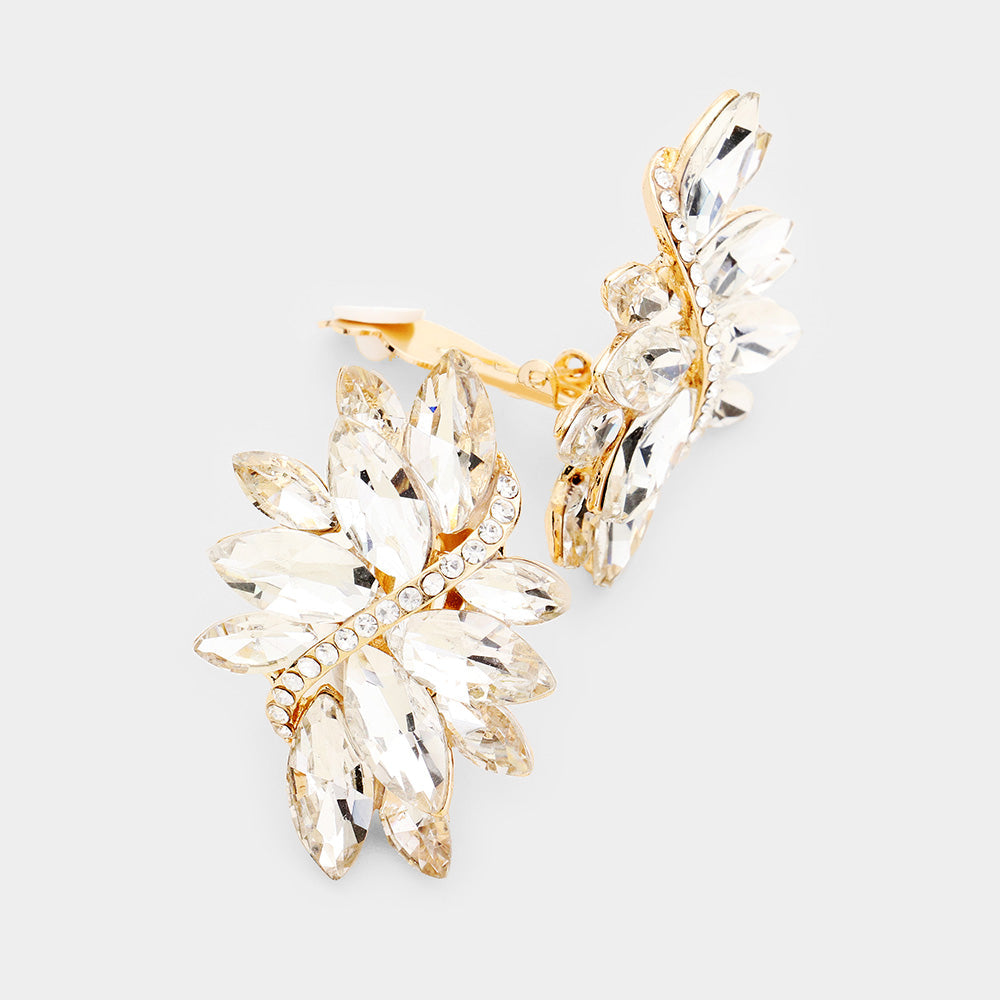 Swirl Glass Crystal Marquise Cluster Clip On Earrings