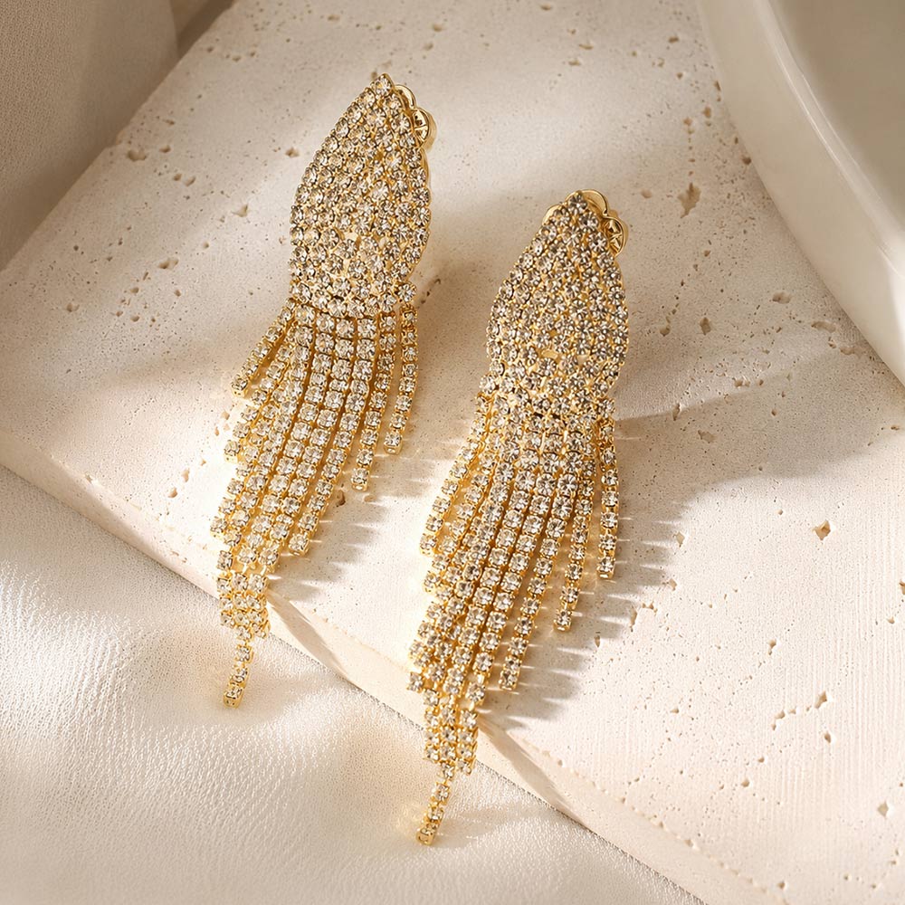 Crystal Rhinestone Pave Fringe Evening Clip on Earrings