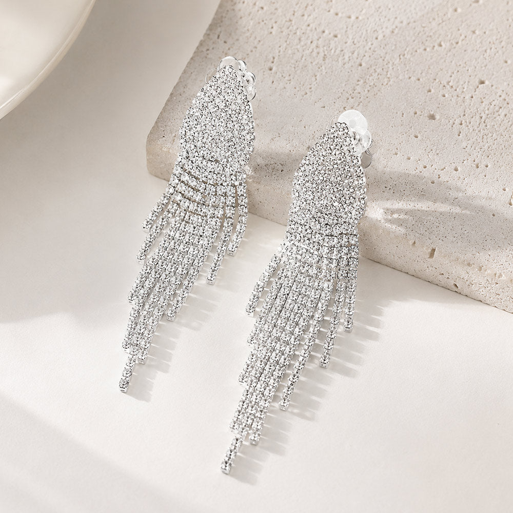 Crystal Rhinestone Pave Fringe Evening Clip on Earrings