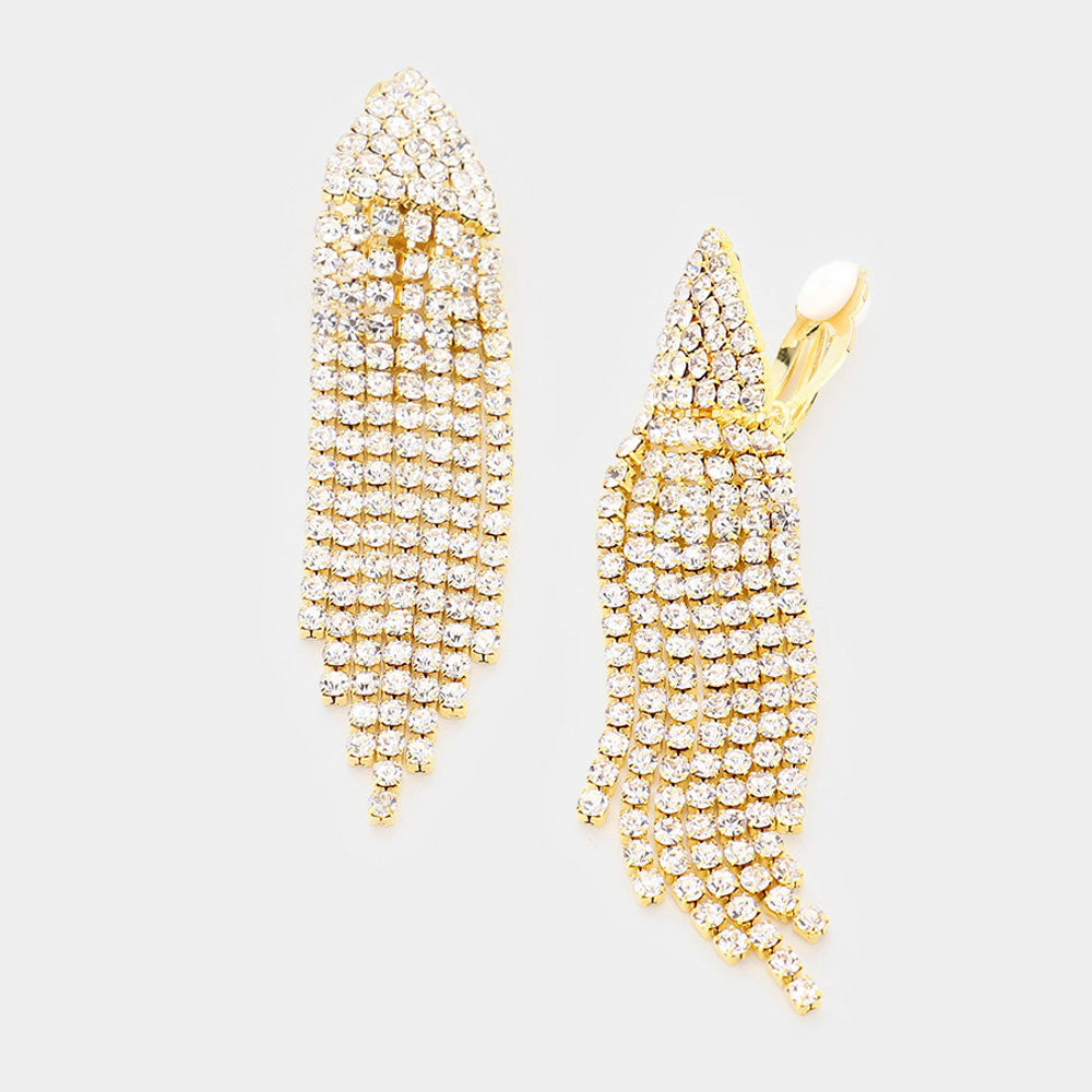 Rhinestone Statement Fringe Drop Evening Clip On Earrings