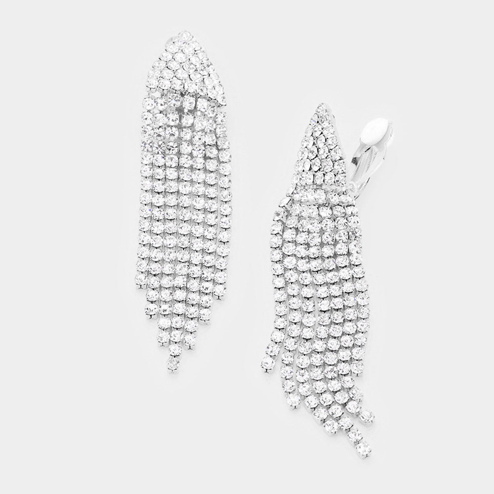 Rhinestone Statement Fringe Drop Evening Clip On Earrings