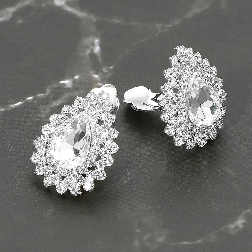 Teardrop Cluster Evening Clip On Earrings