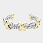 14K Gold Plated Two Tone Crisscross Pointed Double Twisted Metal Cuff Bracelet