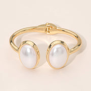 Oval Pearl Tip Accent Hinged Bangle Cuff Bracelet