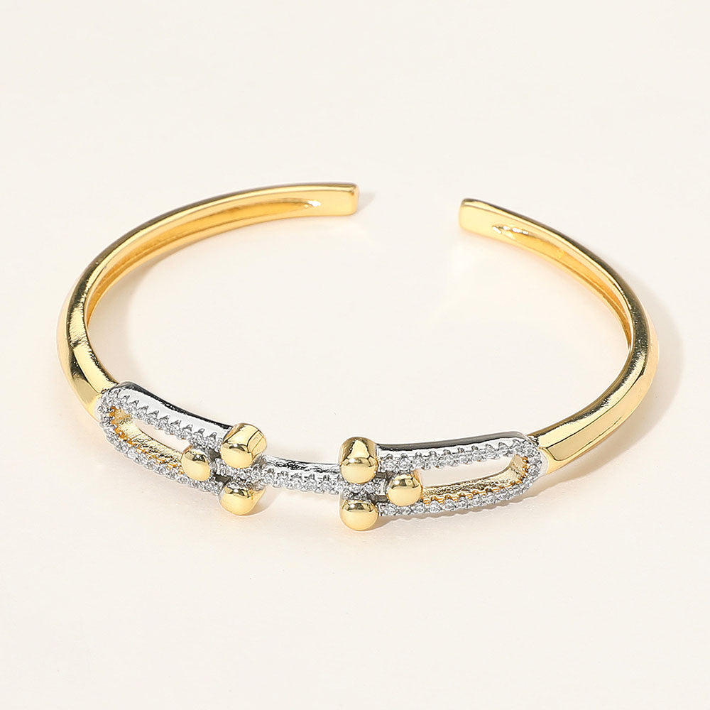 Stone Paved Double Hardware Accent Cuff Bracelet