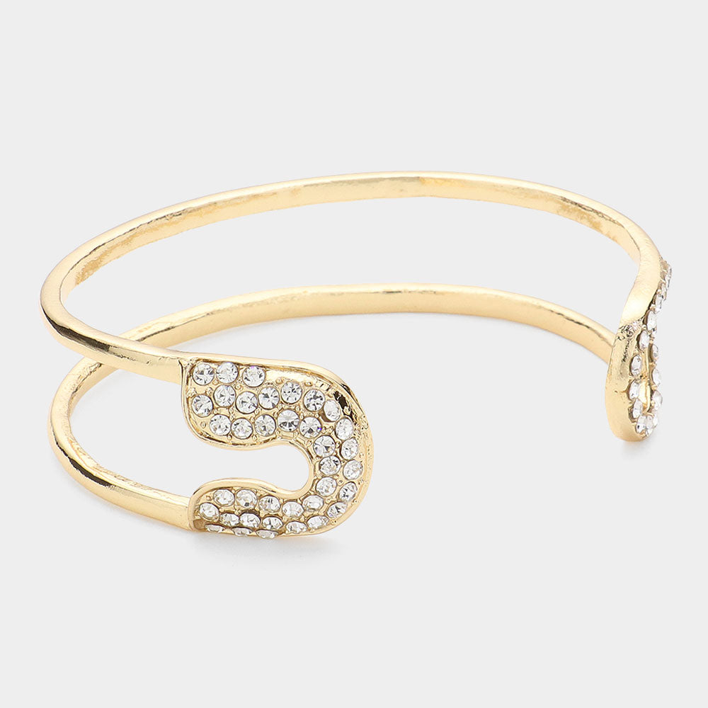 Stone Paved Tip Safety Pin Cuff Bracelet