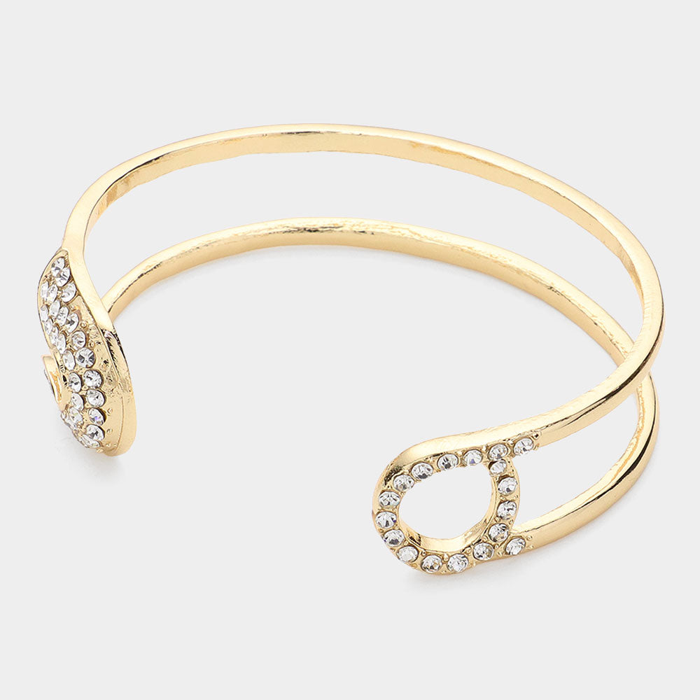 Stone Paved Tip Safety Pin Cuff Bracelet