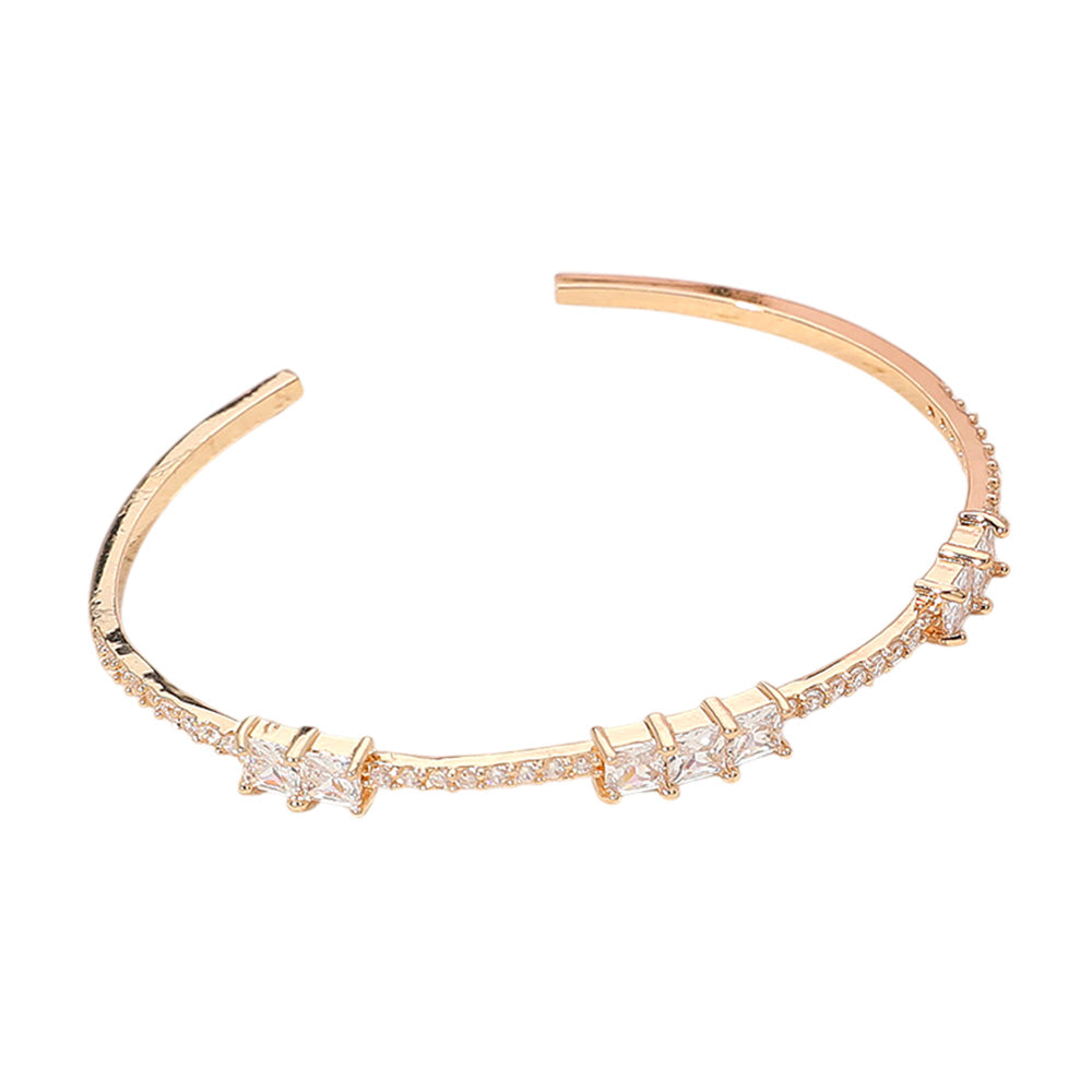 Double Square CZ Stone Cluster Station Pointed Evening Cuff Bracelet