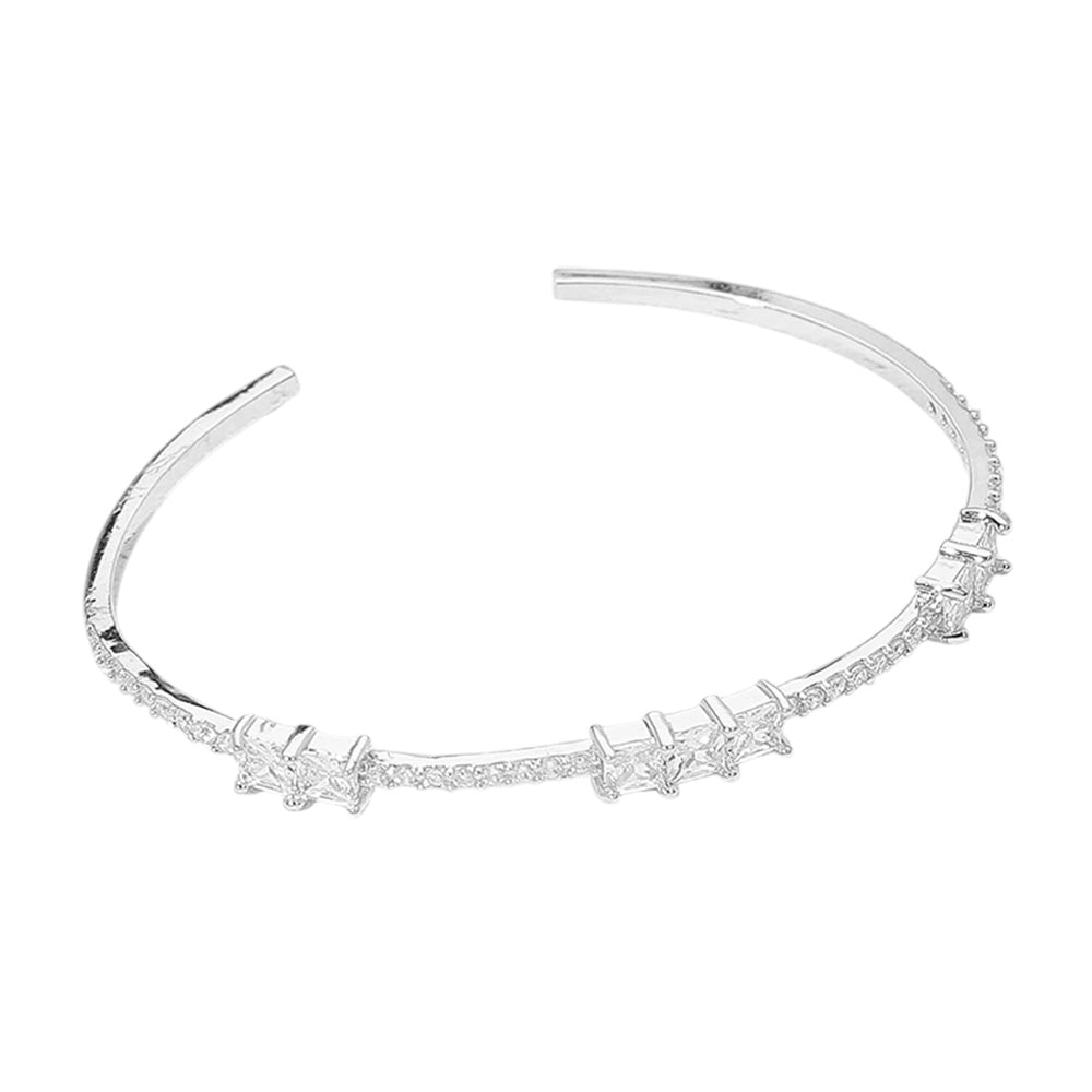 Double Square CZ Stone Cluster Station Pointed Evening Cuff Bracelet