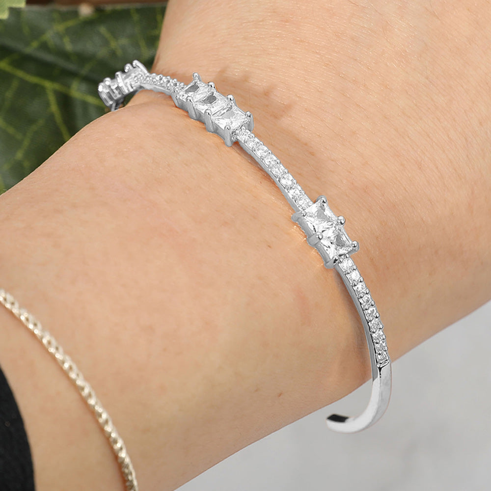 Double Square CZ Stone Cluster Station Pointed Evening Cuff Bracelet