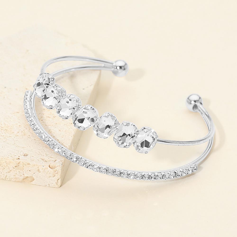 Oval CZ Cluster Accent Double Row Adjustable Evening Cuff Bracelet