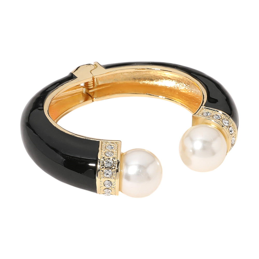 Gold Plated Pearl Tip Enamel Hinged Cuff Bracelet