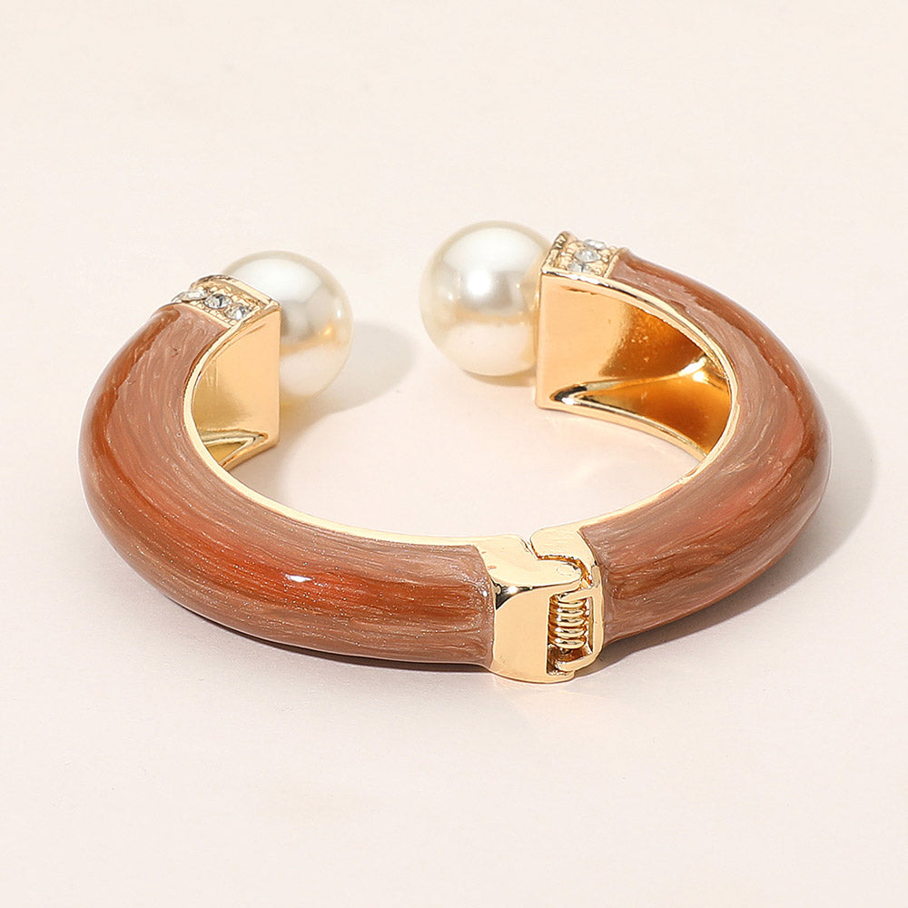 Gold Plated Pearl Tip Enamel Hinged Cuff Bracelet