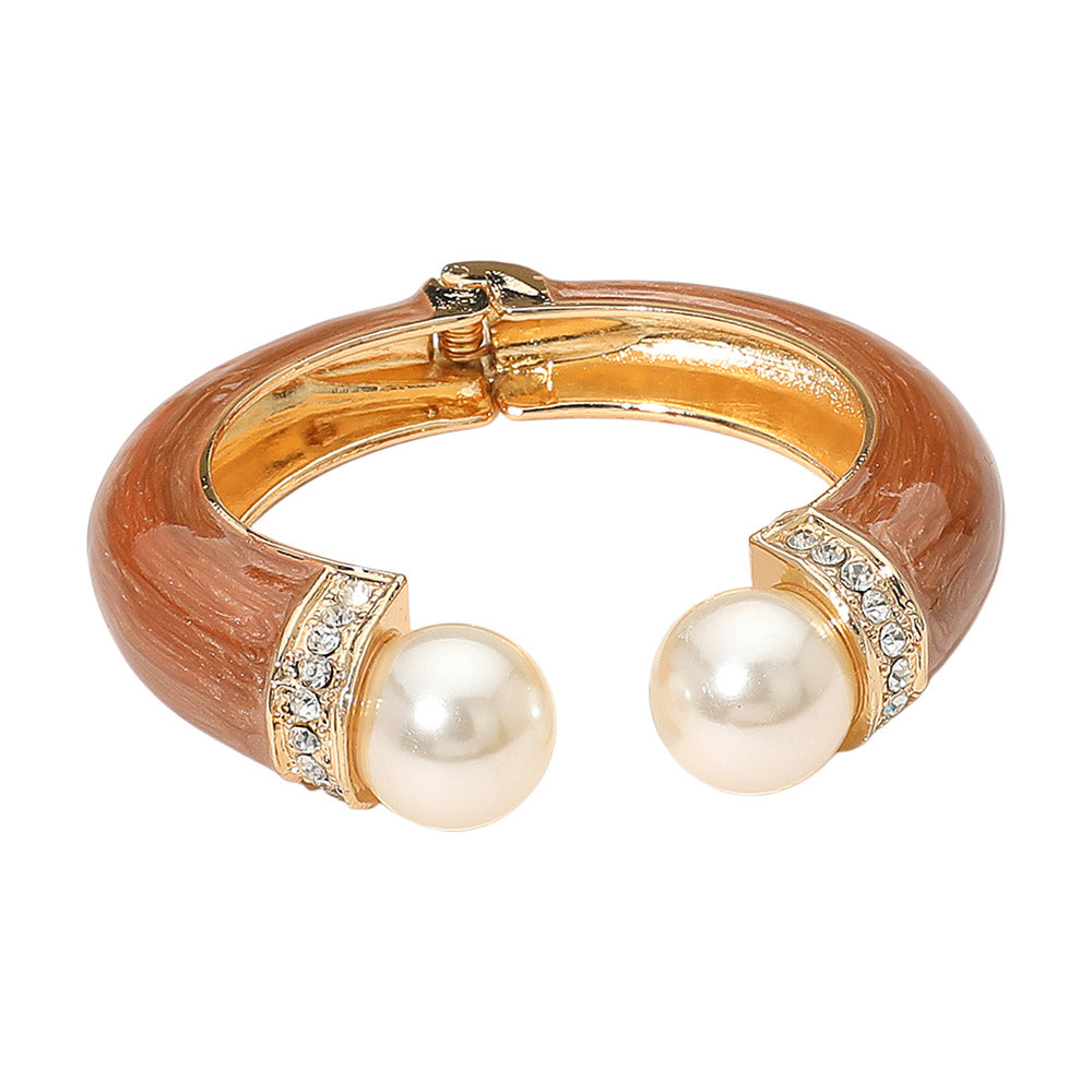 Gold Plated Pearl Tip Enamel Hinged Cuff Bracelet