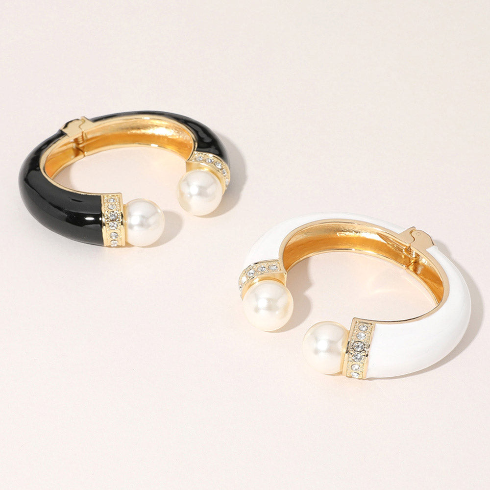 Gold Plated Pearl Tip Enamel Hinged Cuff Bracelet