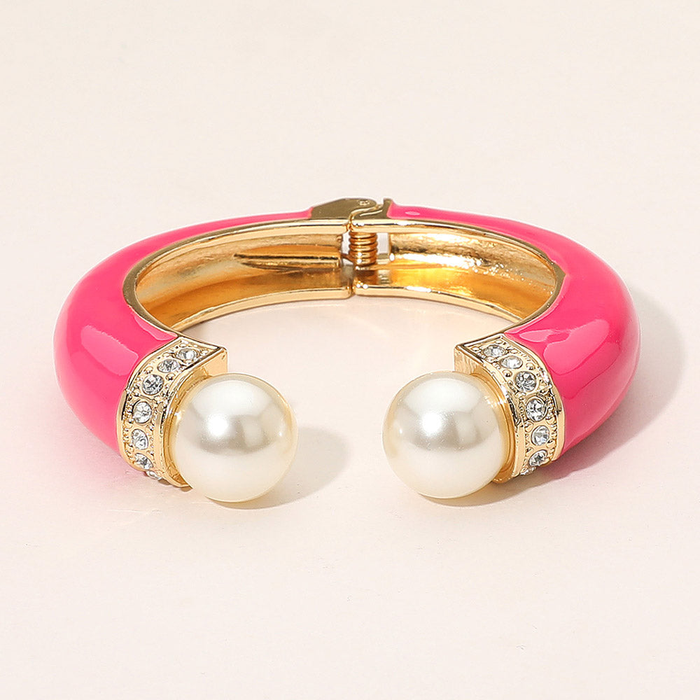 Gold Plated Pearl Tip Enamel Hinged Cuff Bracelet