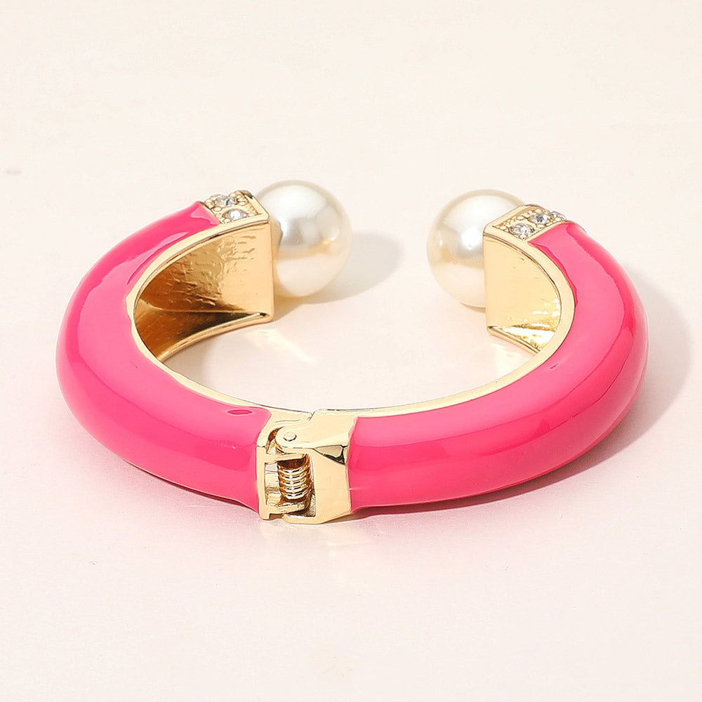 Gold Plated Pearl Tip Enamel Hinged Cuff Bracelet