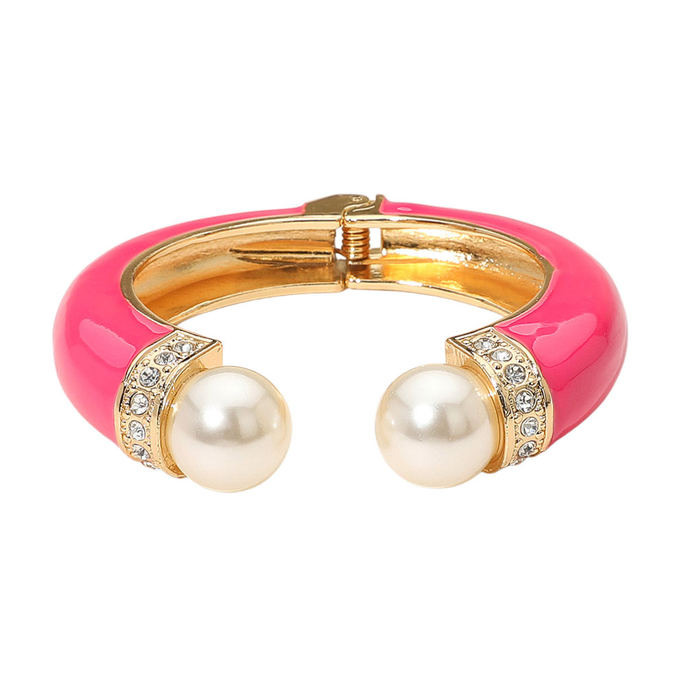 Gold Plated Pearl Tip Enamel Hinged Cuff Bracelet