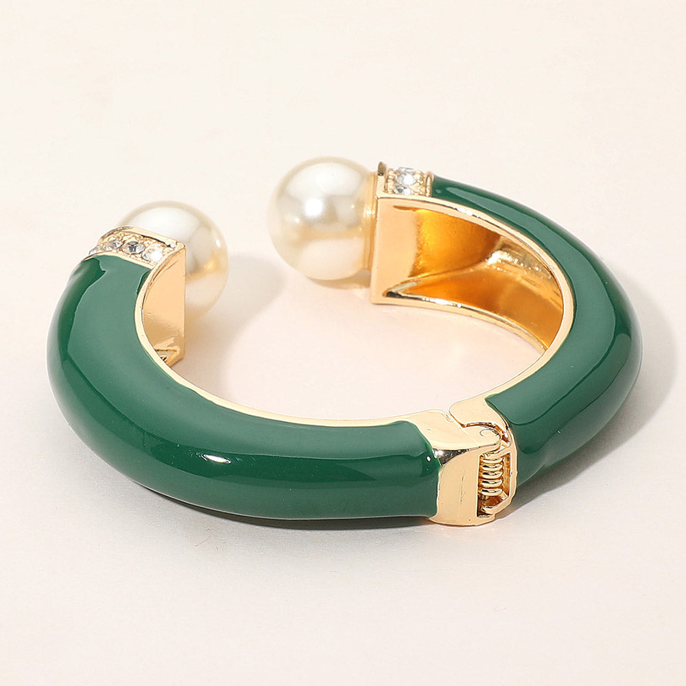 Gold Plated Pearl Tip Enamel Hinged Cuff Bracelet