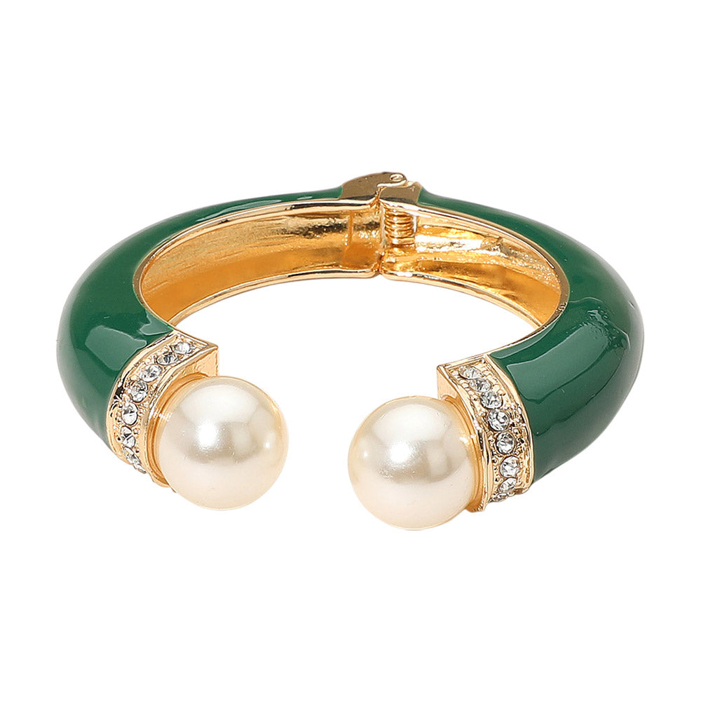 Gold Plated Pearl Tip Enamel Hinged Cuff Bracelet