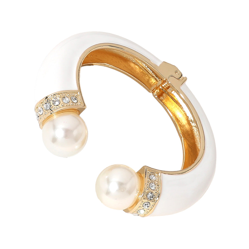 Gold Plated Pearl Tip Enamel Hinged Cuff Bracelet
