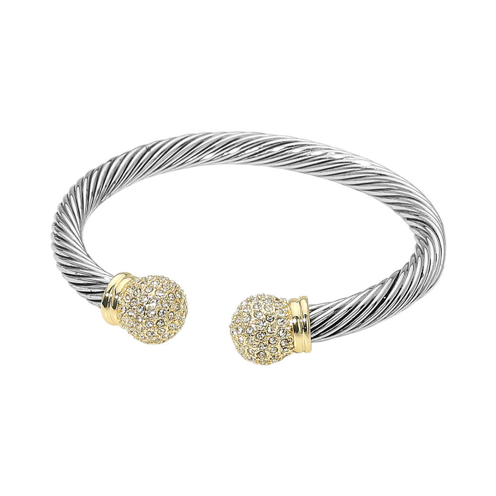 CZ Pave Ball Tip Twisted Cable Cuff Bracelet