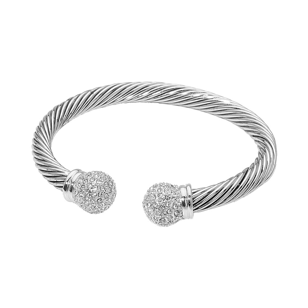 CZ Pave Ball Tip Twisted Cable Cuff Bracelet