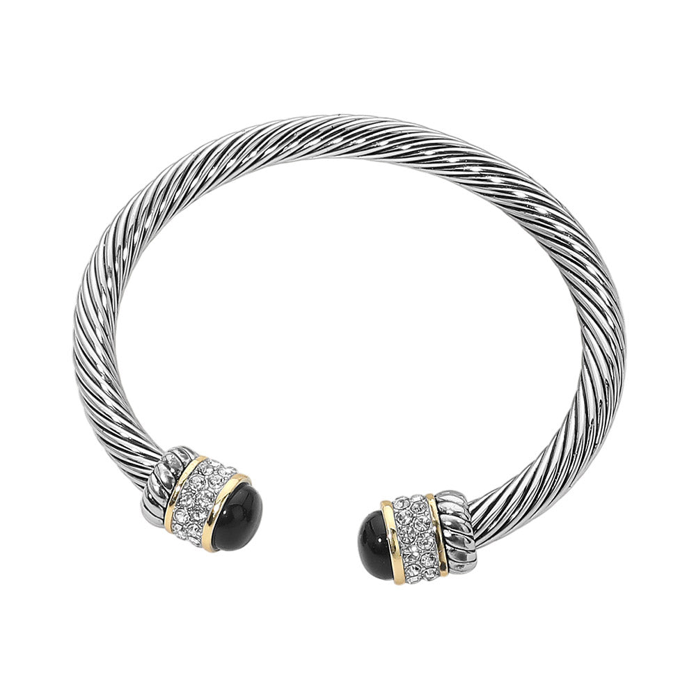 CZ Pave Stone Tip Twisted Cable Cuff Bracelet