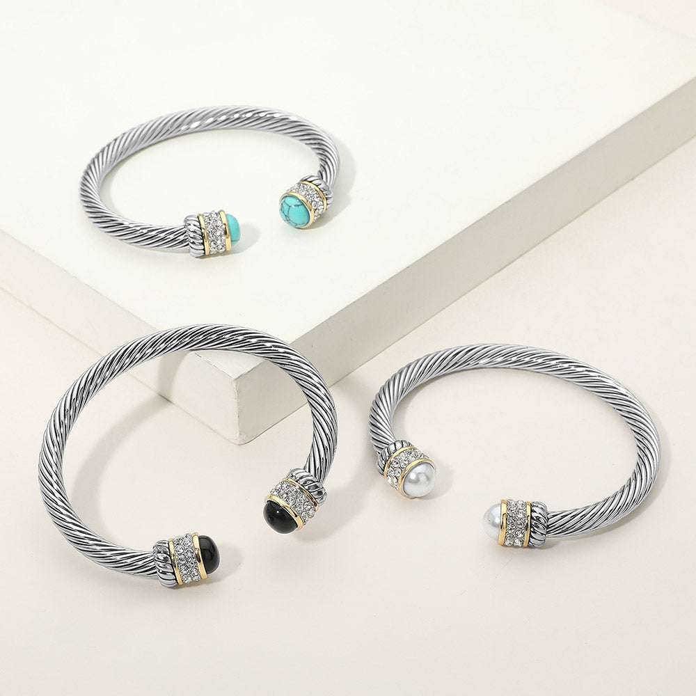 CZ Pave Stone Tip Twisted Cable Cuff Bracelet