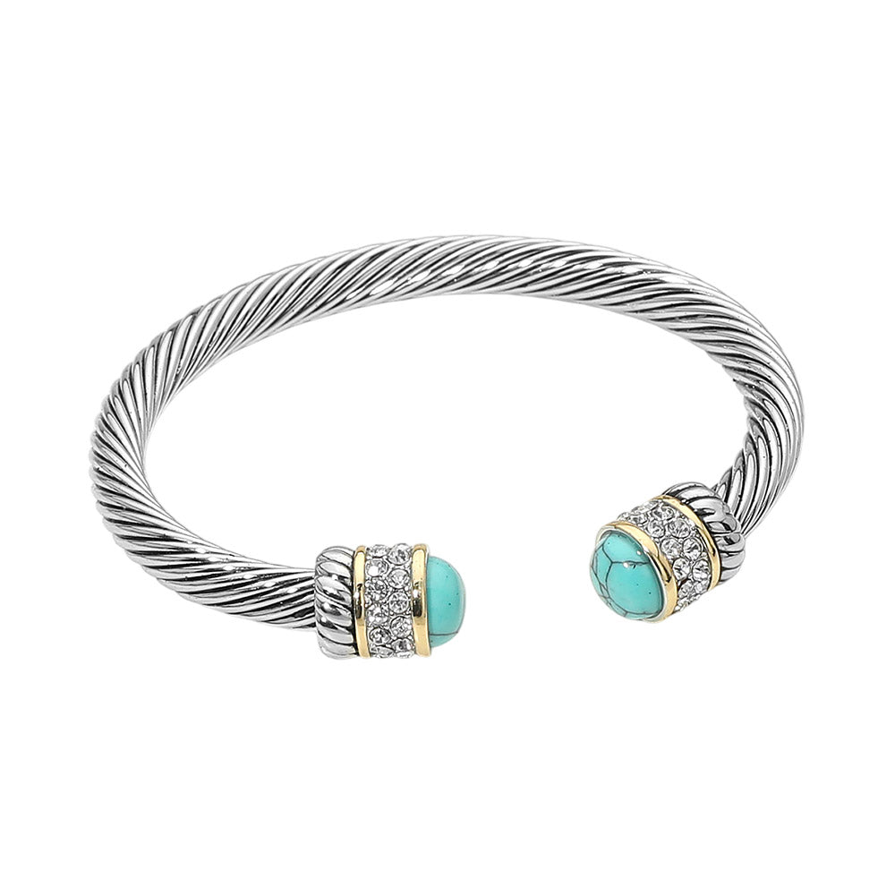 CZ Pave Stone Tip Twisted Cable Cuff Bracelet