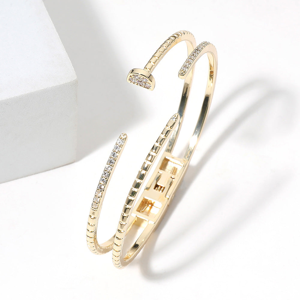 14K Gold Plated CZ Stone Paved Split Nail Head Tip Hinged Cuff Bracelet