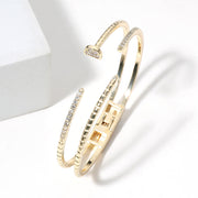 14K Gold Plated CZ Stone Paved Split Nail Head Tip Hinged Cuff Bracelet