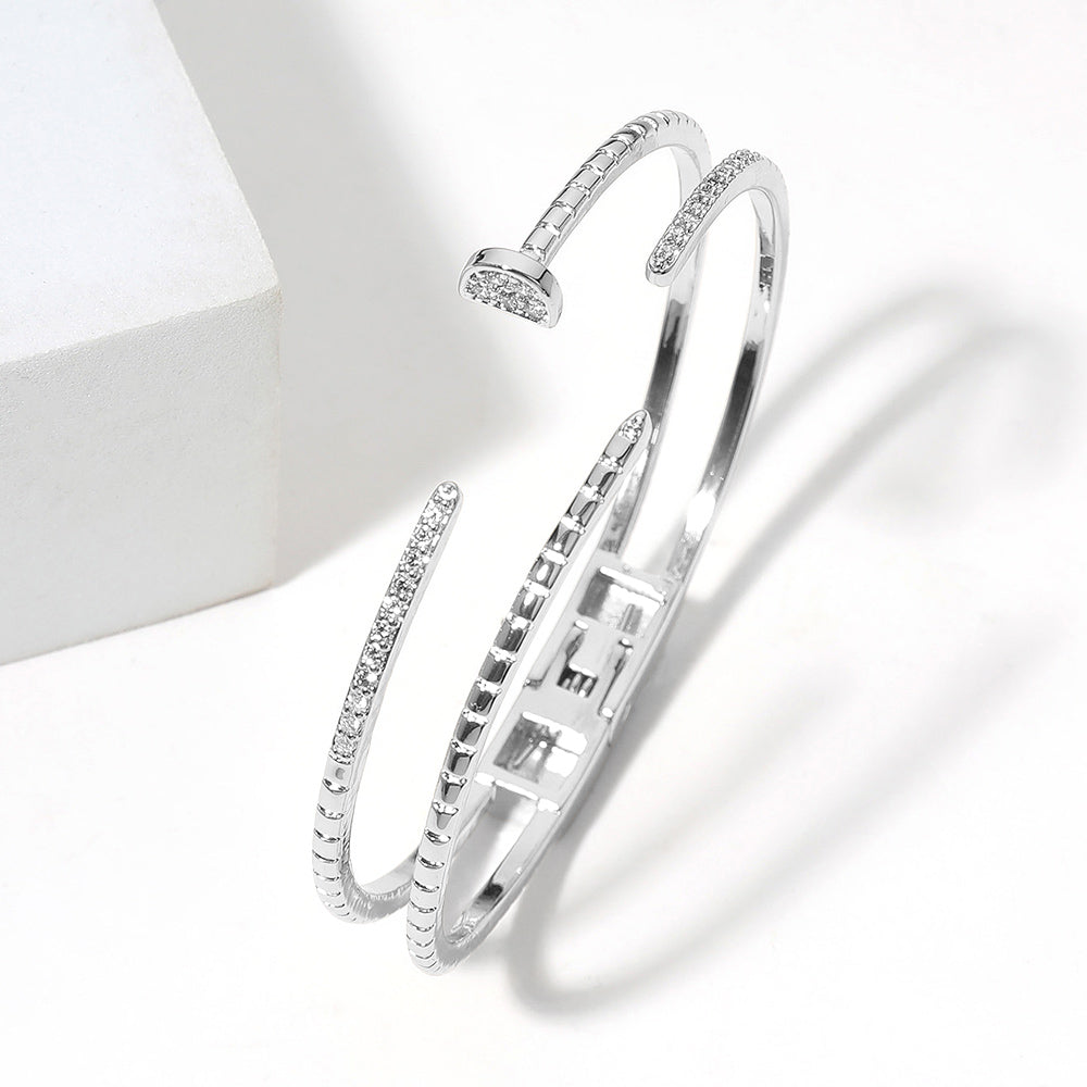 14K Gold Plated CZ Stone Paved Split Nail Head Tip Hinged Cuff Bracelet