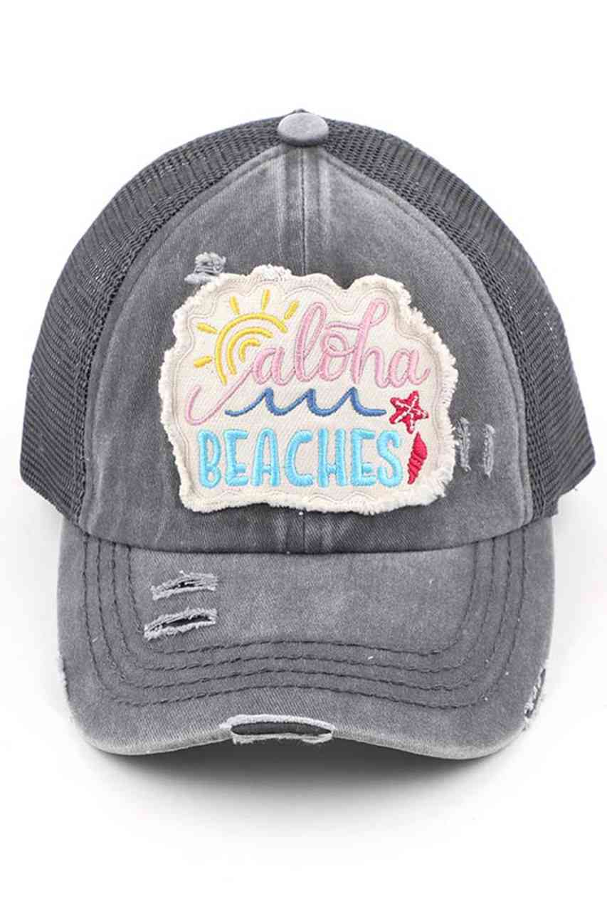 C.C Women's Distressed Aloha Beaches Patch Ponytail Cap