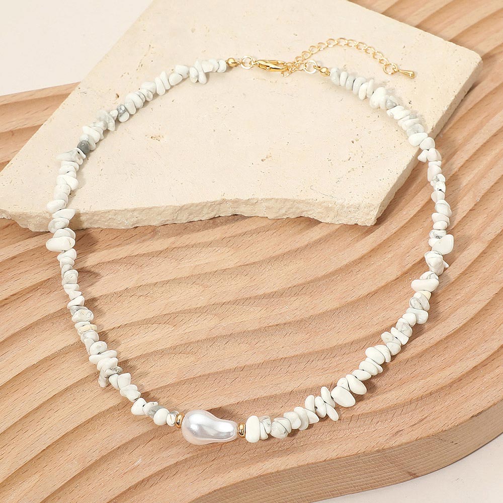 Organic Shaped Pearl Accent Semi Precious Pebble Stone Beaded Choker Necklace