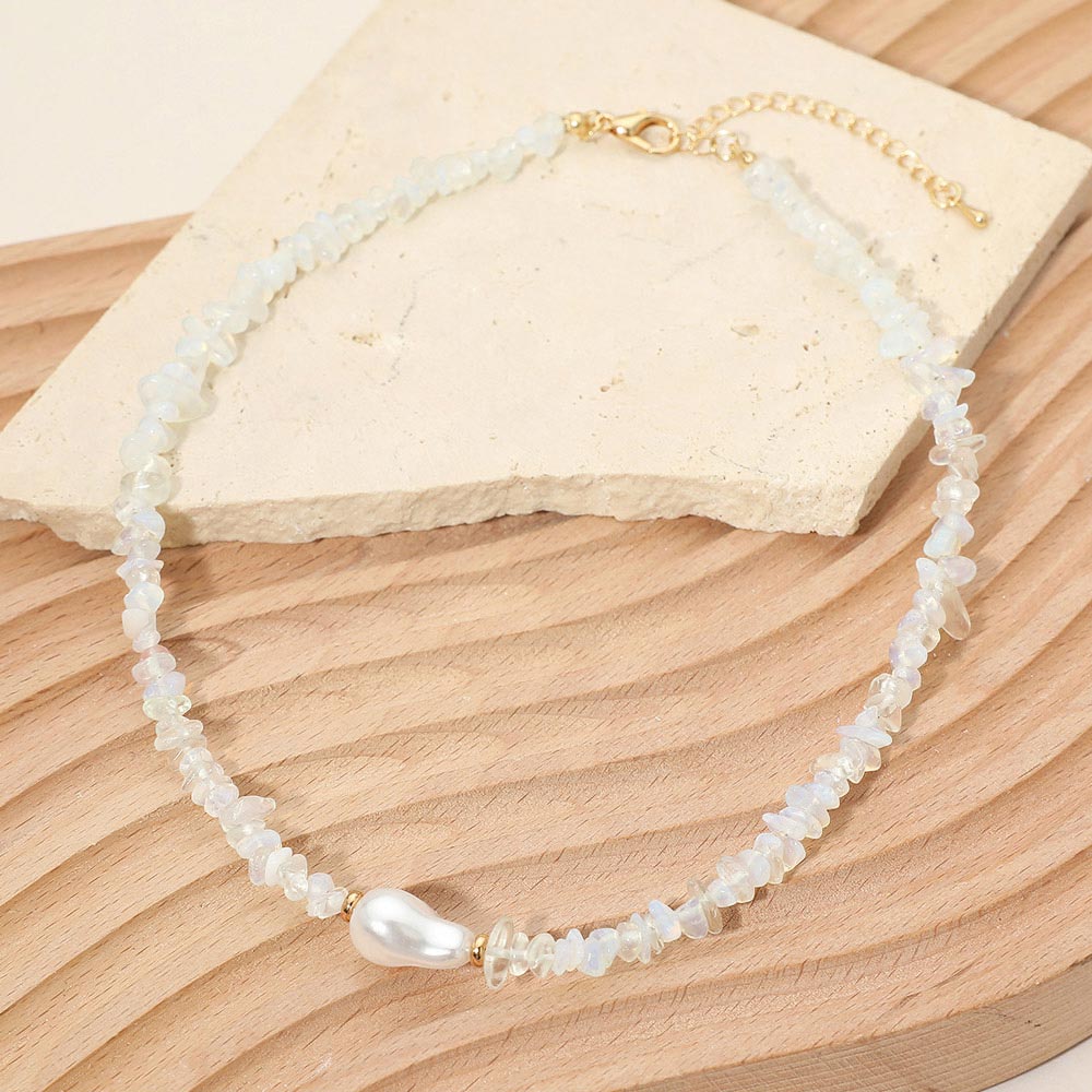 Organic Shaped Pearl Accent Semi Precious Pebble Stone Beaded Choker Necklace