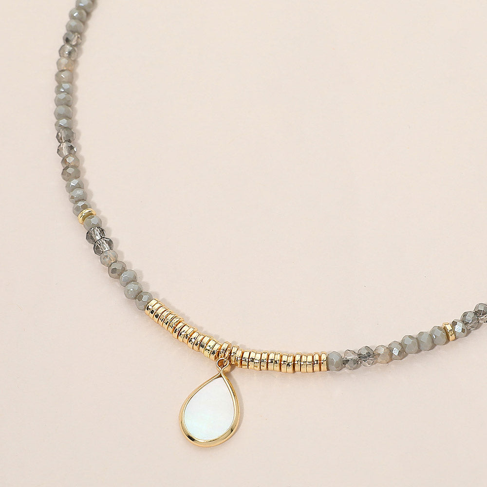 Teardrop Mother of Pearl Pendant Faceted Beaded Choker Necklace