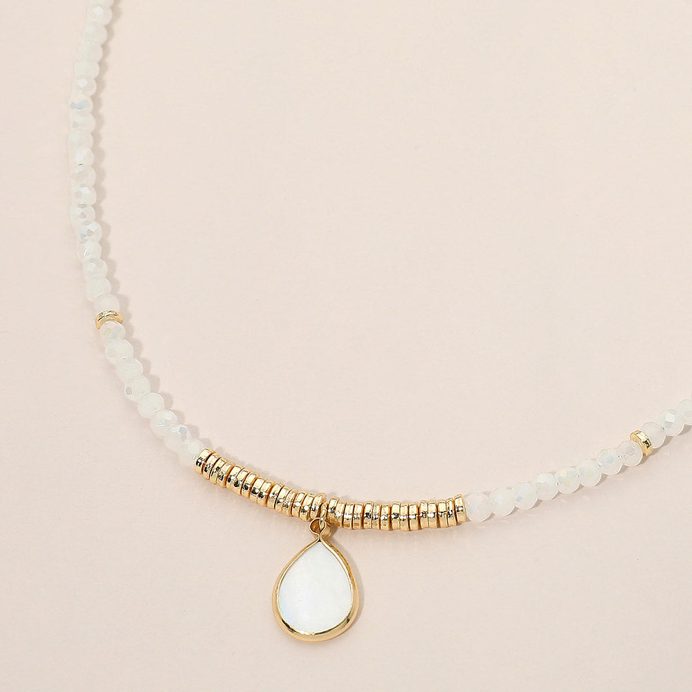 Teardrop Mother of Pearl Pendant Faceted Beaded Choker Necklace
