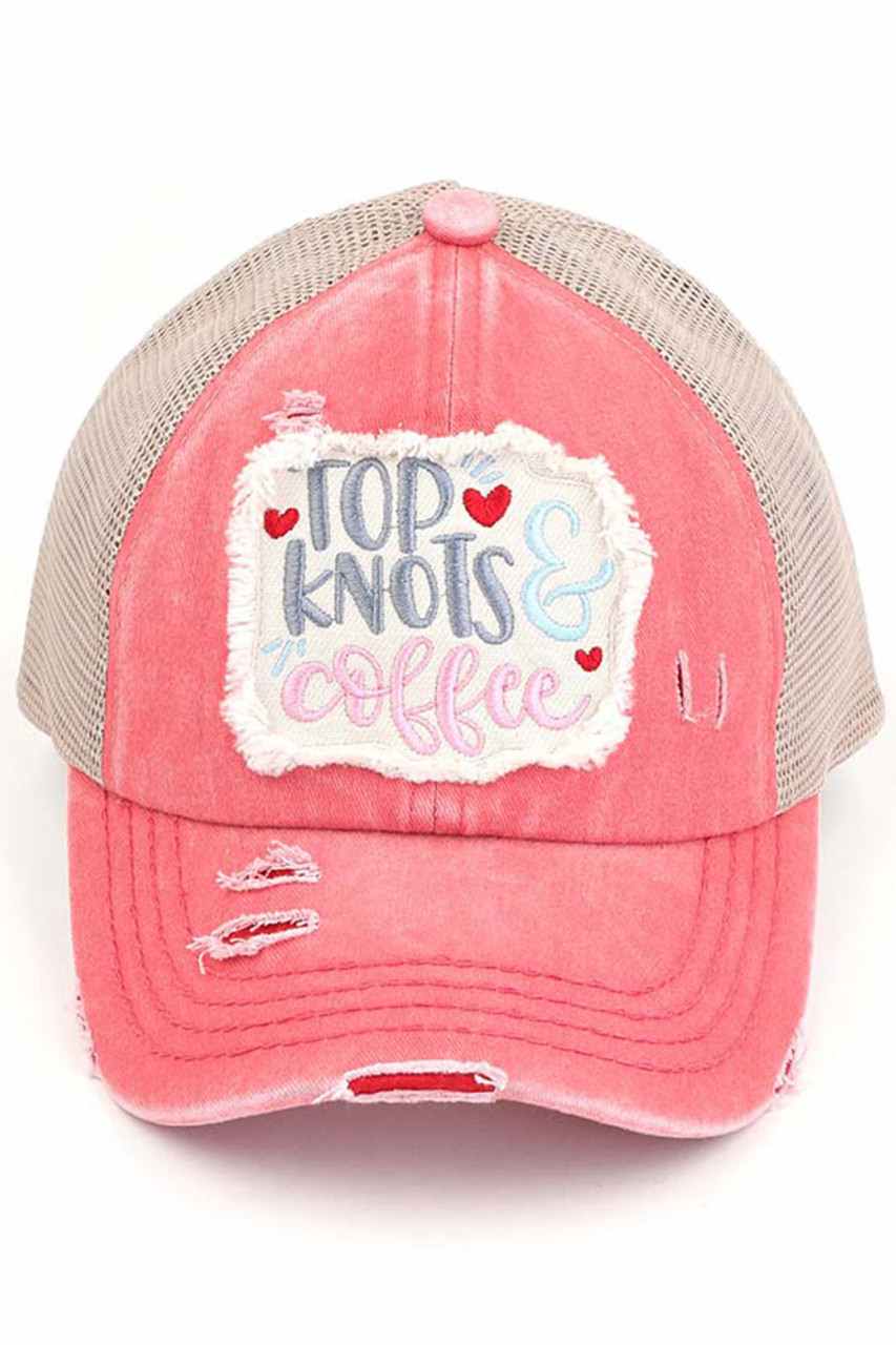 C.C DISTRESSED TOP KNOTS AND COFFEE PATCH PONYCAP