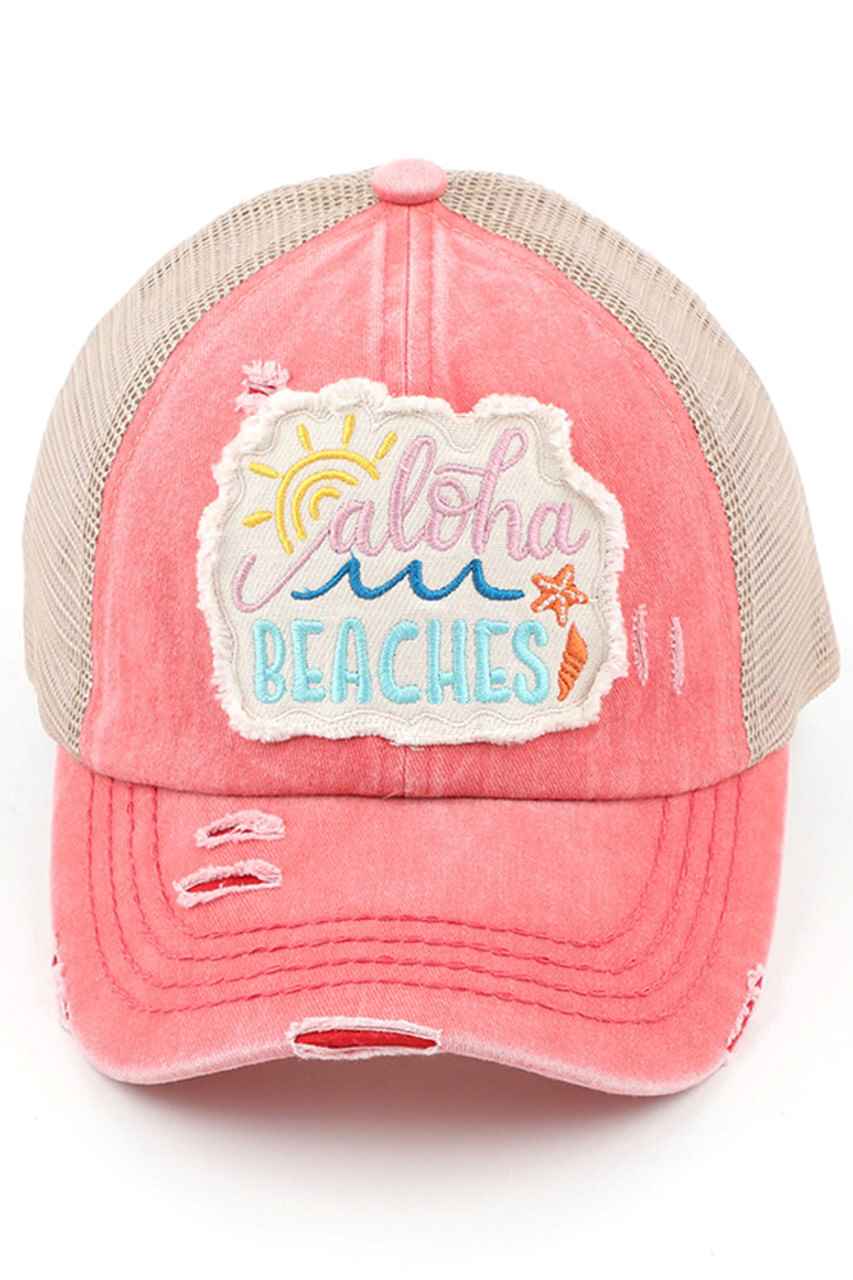 C.C Women's Distressed Aloha Beaches Patch Ponytail Cap