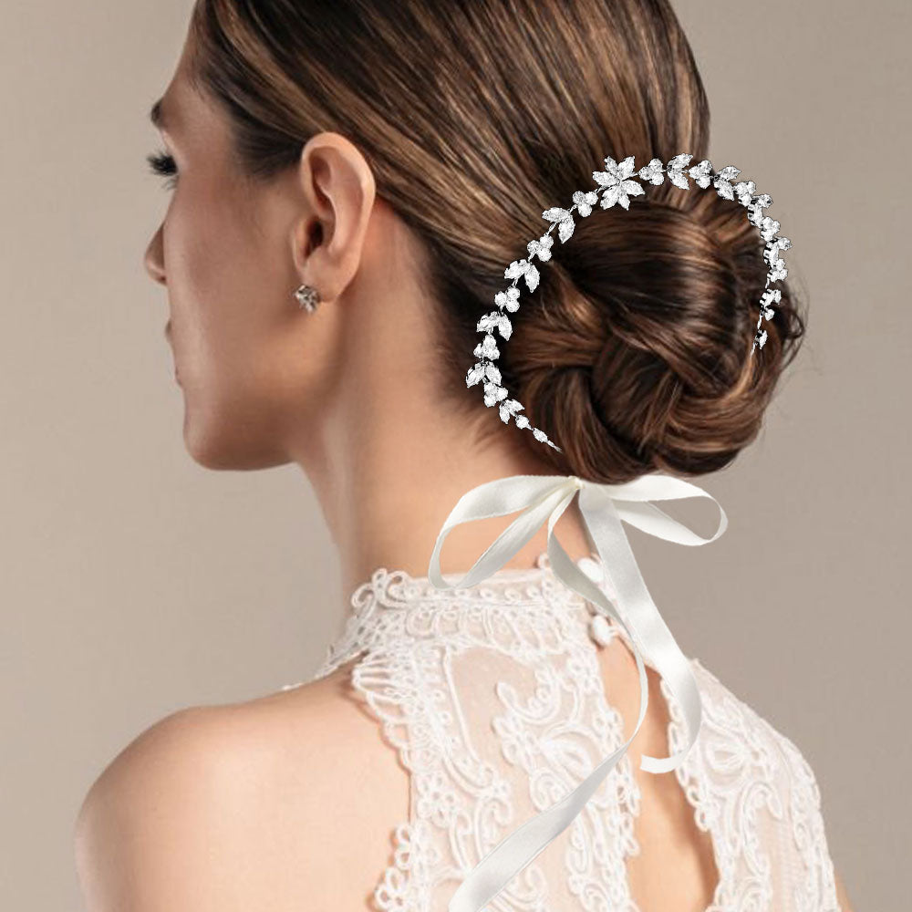 CZ Flower Stone Cluster Accent Vine Bun Wrap Headpiece